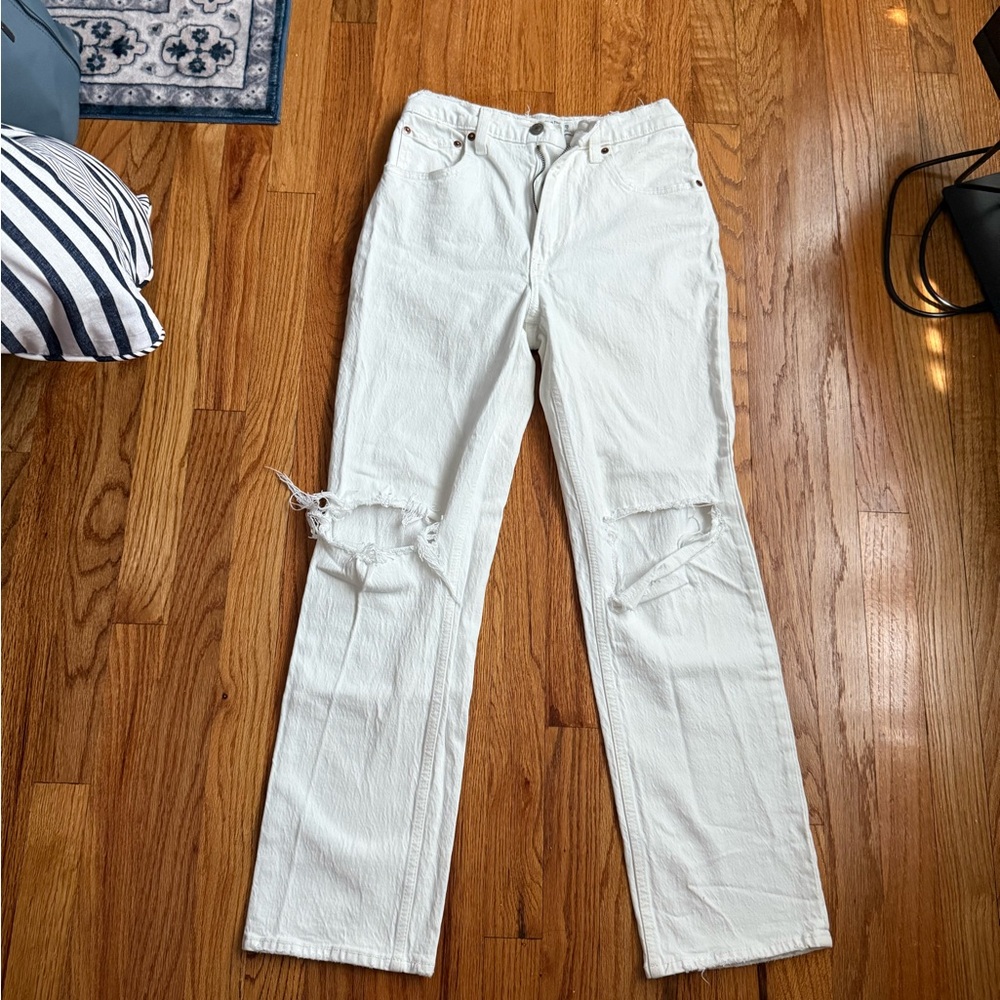 Abercrombie & Fitch White Distressed Straight Leg Jeans